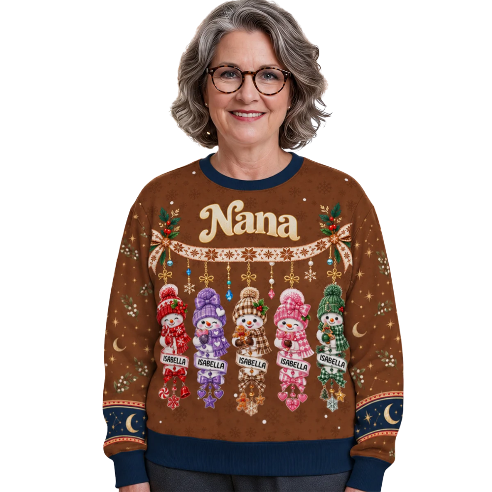 Grandma Custom Snowmen With Grandkids Names 3D Sweatshirt, Personalized Grandmother Christmas Sweatshirt 2D1206