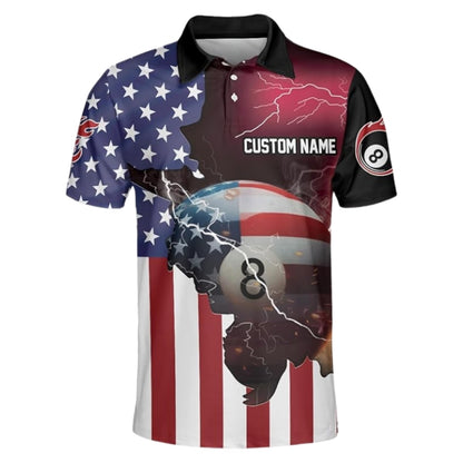 Custom Men's 8 Ball USA Flag Billiard Polo Shirt, Custom Patriotic Billiard Shirts For Team BIZ0232