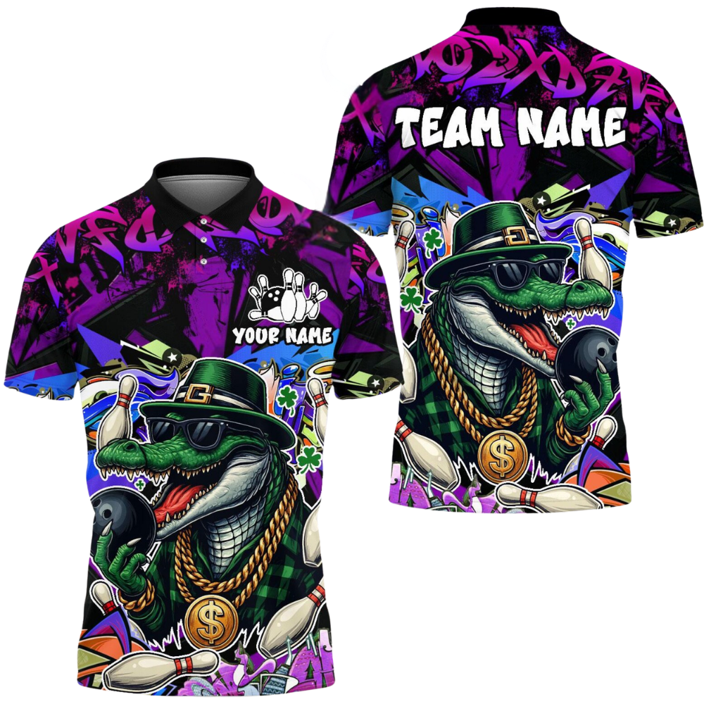 Custom Funny Crocodile Bowling Mens Polo Shirt Green, Custom Crocodile Bowling Team Shirts BE0207