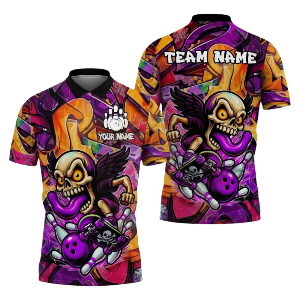 Custom Skull Graffiti Bowling Polo Shirt For Men, Custom Skull Bowling Team Shirt BZ1098