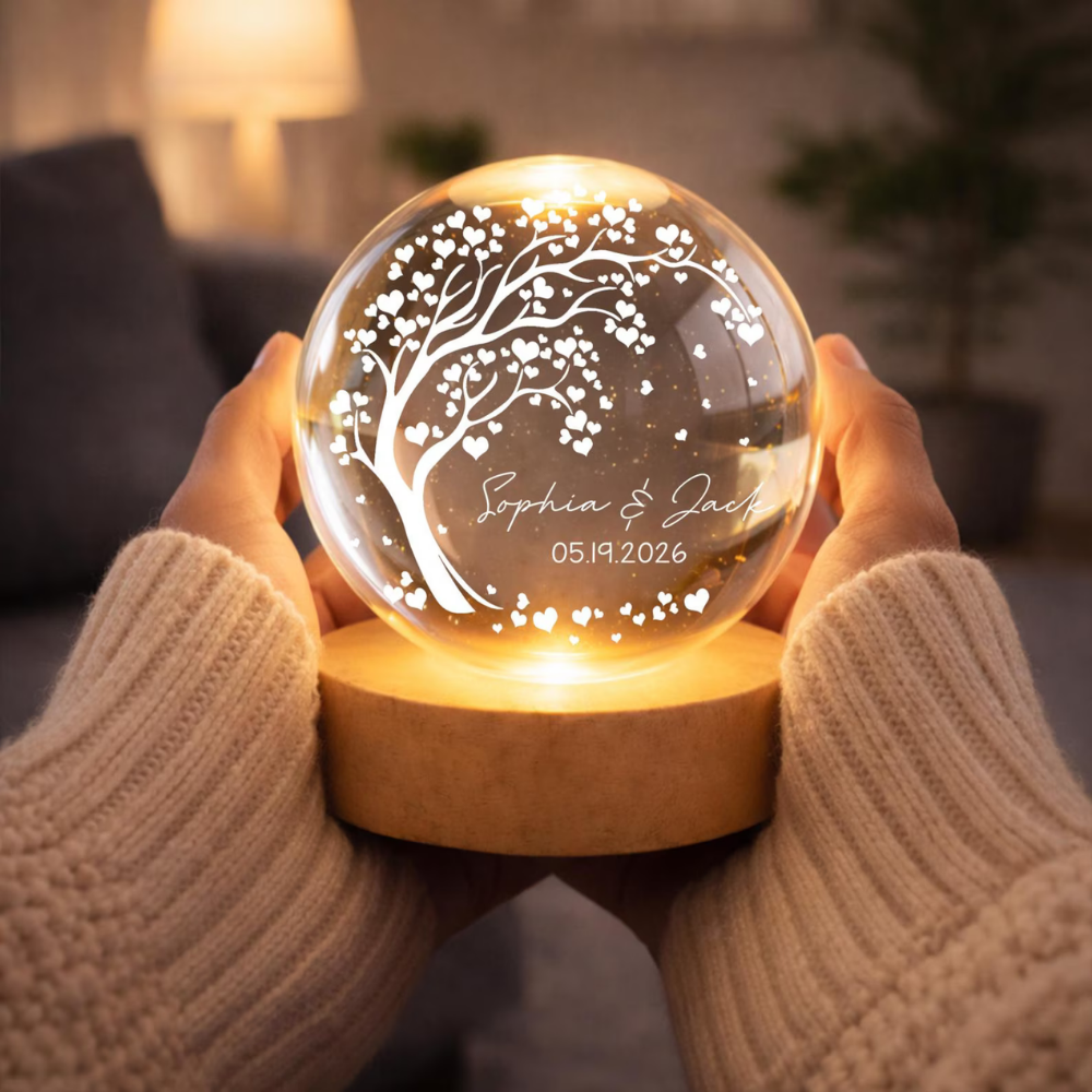 Custom Couple Name And Date Tree Crystal Ball Led Night Light, Custom Wedding Anniversary Night Light WD0855