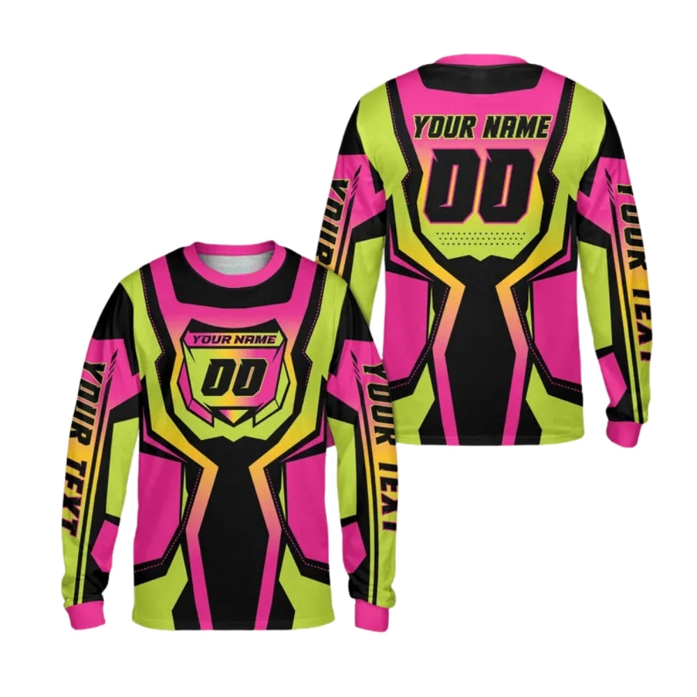 Custom Gradient Pink And Green Motocross Long Sleeve Jersey For Men, Custom Name Number Racing Dirt Bike Shirts ME0027