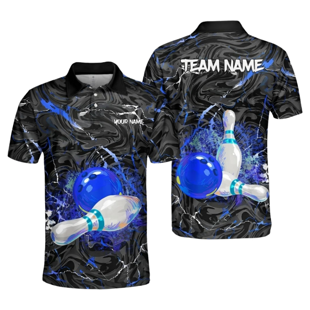 Custom Team Black Swirling Marbled Bowling Mens Polo Shirts, Custom Team Bowling Shirts BZ1092