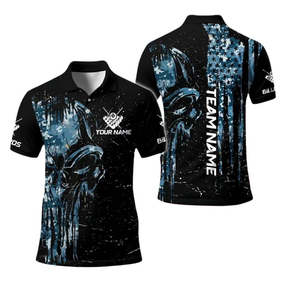 Custom Skull Camo Men's Black Polo 8 Ball Shirts, Custom Skull Billiard Pool Team Shirts BIE0066
