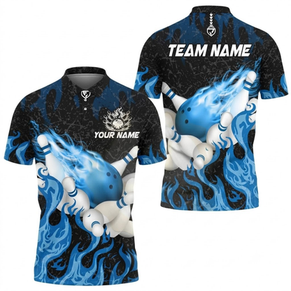 Custom Black And Cyan Flame Bowling Polo Shirt Mens, Custom Flame Team Bowling Shirts BZ0745
