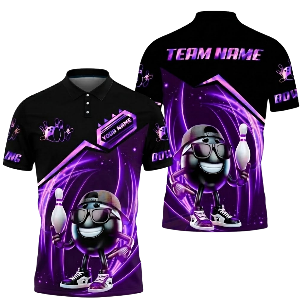 Funny Ball Custom Mens Black Blue Bowling Polo Shirt, Custom Bowling Team Shirts BZ0522