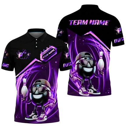 Funny Ball Custom Mens Black Blue Bowling Polo Shirt, Custom Bowling Team Shirts BZ0522