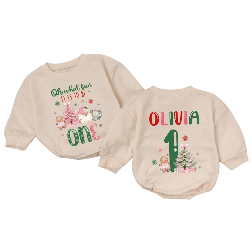 Oh What Fun To Be One Custom Christmas Baby Romper Sweatshirt, Custom First Birthday Xmas Romper Sweatshirt For Baby BB0526