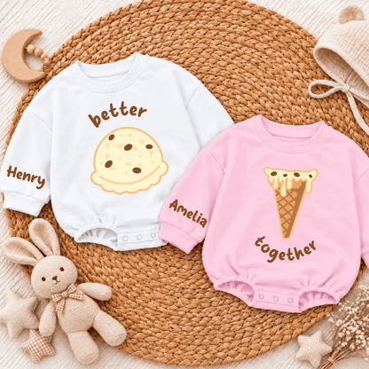 Better Together Icecream Custom Matching Twins Baby Romper Sweatshirt, Personalized Twins Baby Romper Sweater BB0967