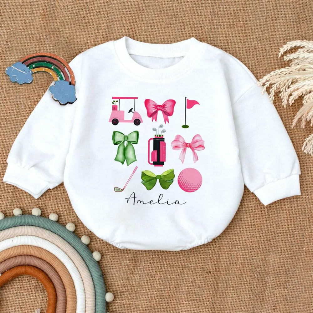Custom Name Cute Golf Bow Baby Girl Romper Sweatshirt, Custom Golf Baby Romper Sweatshirt BB0113