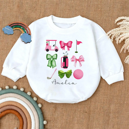 Custom Name Cute Golf Bow Baby Girl Romper Sweatshirt, Custom Golf Baby Romper Sweatshirt BB0113