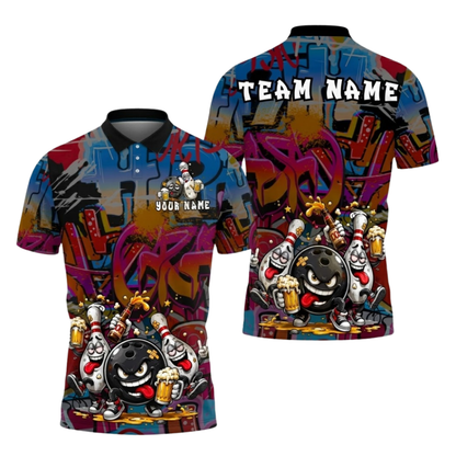 Custom Graffiti Funny Bowling Ball Drinking Beer Polo Shirts Mens, Custom Beer Graffiti Bowling Team Shirts BZ1056