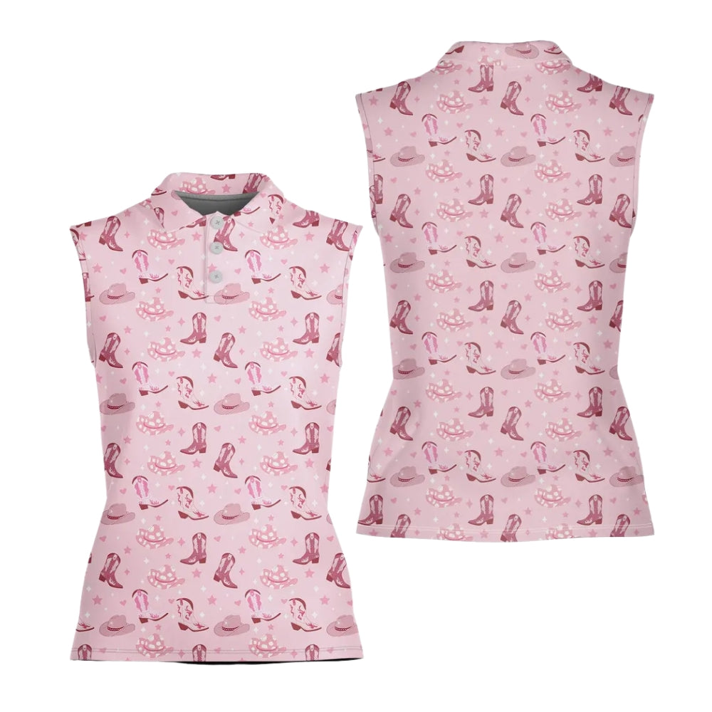 Cowgirl Pink Sleeveless Golf Shirt For Women, Western Golf Shirts For Ladies GE0370