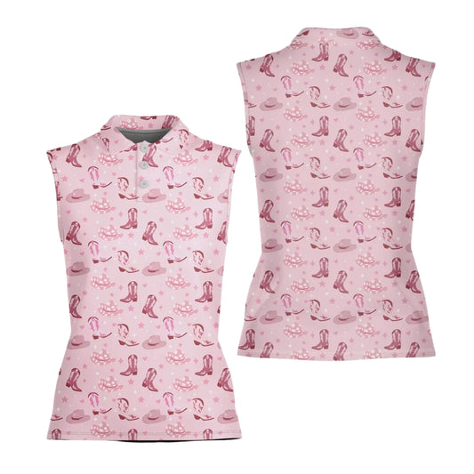 Cowgirl Pink Sleeveless Golf Shirt For Women, Western Golf Shirts For Ladies GE0370