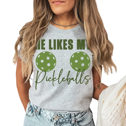 She Likes My Dink He Likes My Pickleballs Matching Golf T Shirt For His And Her, Funny Pickleball Matching Shirt For Couple ET0767