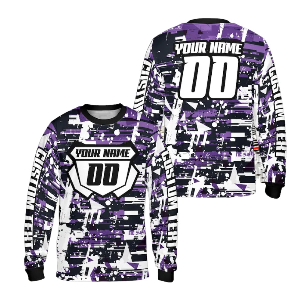 Custom Blue And White Grunge Long Sleeve Motocross Jersey For Men, Personalized Motocross Dirt Bkie Shirts ME0013