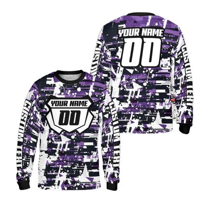 Custom Blue And White Grunge Long Sleeve Motocross Jersey For Men, Personalized Motocross Dirt Bkie Shirts ME0013