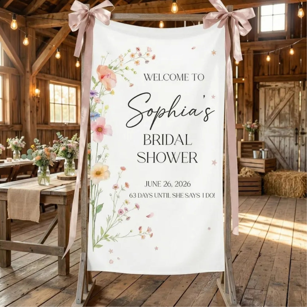 Personalized Wildflower Bridal Shower Fabric Welcome Banner, Custom Floral Welcome Sign Banner For Bridal Party WD0207