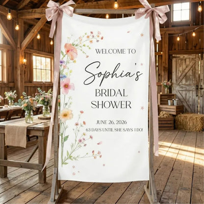 Personalized Wildflower Bridal Shower Fabric Welcome Banner, Custom Floral Welcome Sign Banner For Bridal Party WD0207