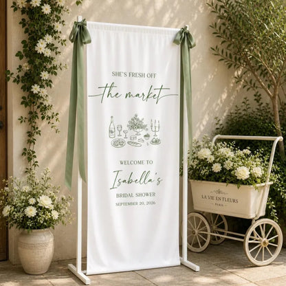 She's Fresh Off The Market Custom Bridal Shower Welcome Sign Banner, Custom Fabric Welcome Banner For Bridal Shower WD0208