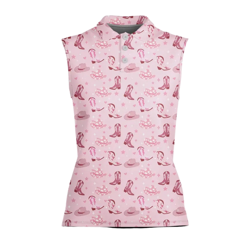 Cowgirl Pink Sleeveless Golf Shirt For Women, Western Golf Shirts For Ladies GE0370