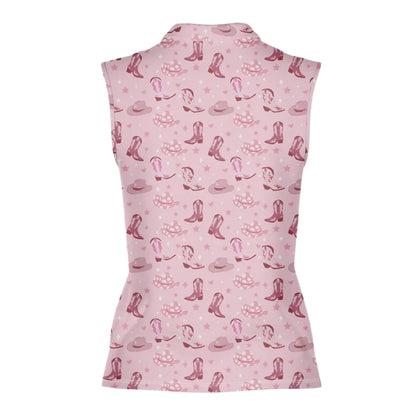 Cowgirl Pink Sleeveless Golf Shirt For Women, Western Golf Shirts For Ladies GE0370