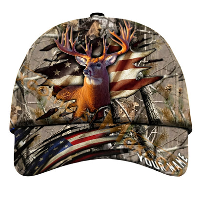 Custom Deer USA Flag Hunting Baseball Cap, Custom Patriot Deer Hunting Hat CP0434