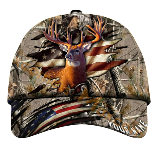 Custom Deer USA Flag Hunting Baseball Cap, Custom Patriot Deer Hunting Hat CP0434