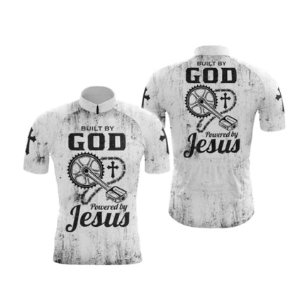 Built By God Powered By Jesus Men's White Black Cycling Short Sleeve Jersey, Christian Cycling Jerseys CG0534