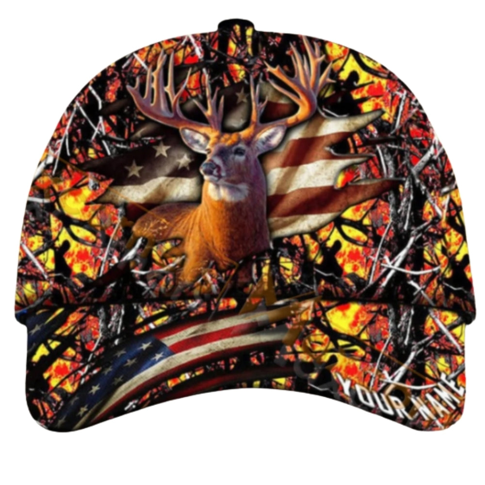 Custom Deer USA Flag Hunting Baseball Cap, Custom Patriot Deer Hunting Hat CP0434