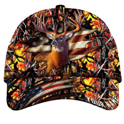 Custom Deer USA Flag Hunting Baseball Cap, Custom Patriot Deer Hunting Hat CP0434