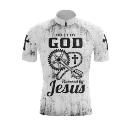 Built By God Powered By Jesus Men's White Black Cycling Short Sleeve Jersey, Christian Cycling Jerseys CG0534