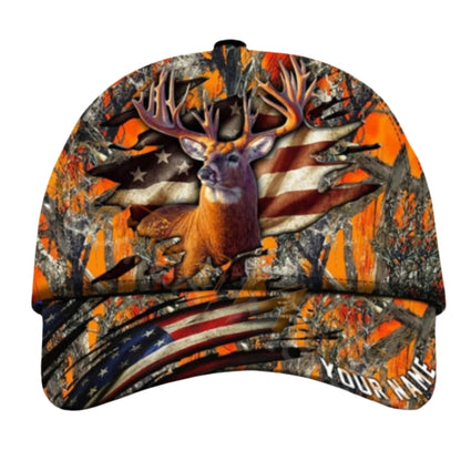 Custom Deer USA Flag Hunting Baseball Cap, Custom Patriot Deer Hunting Hat CP0434