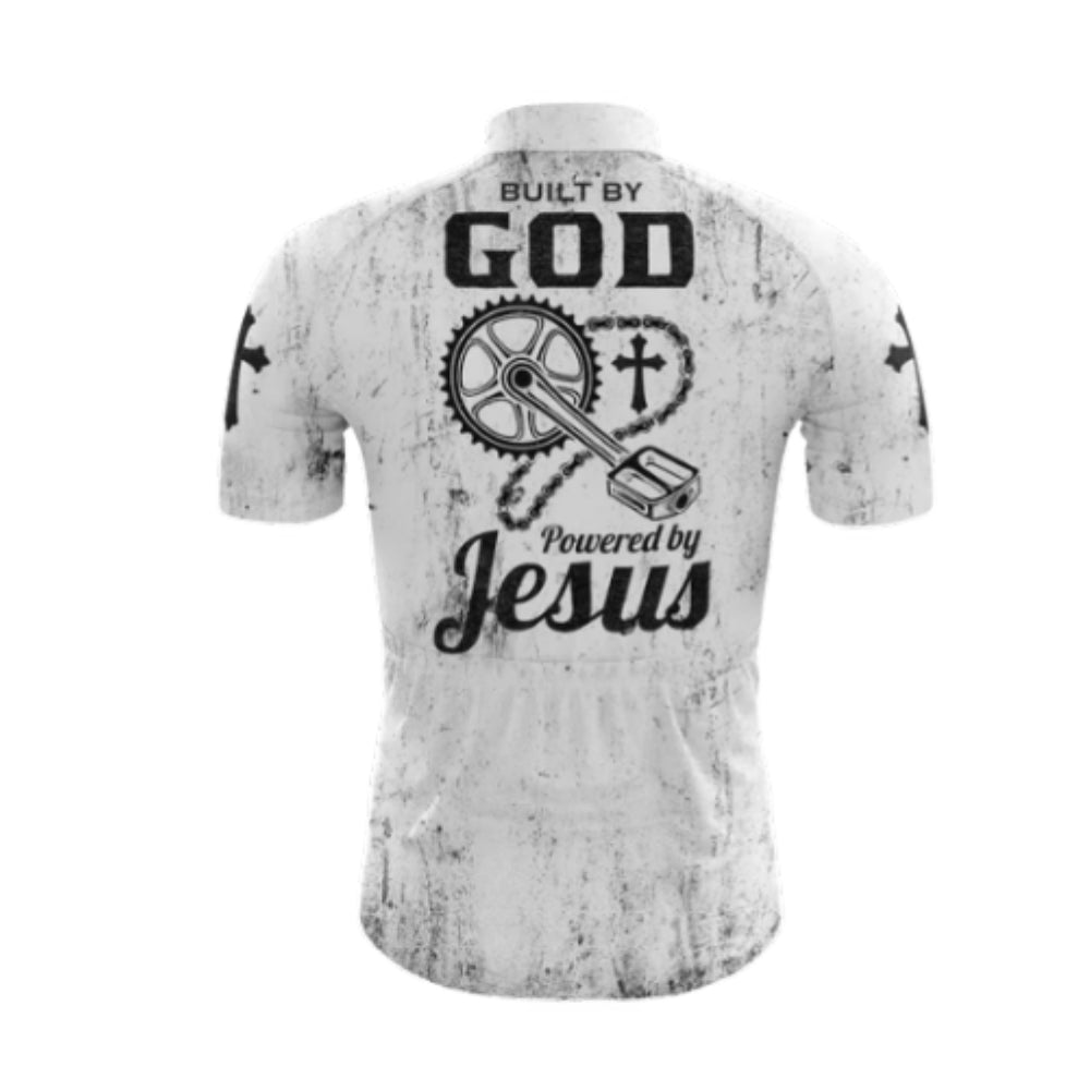 Built By God Powered By Jesus Men's White Black Cycling Short Sleeve Jersey, Christian Cycling Jerseys CG0534