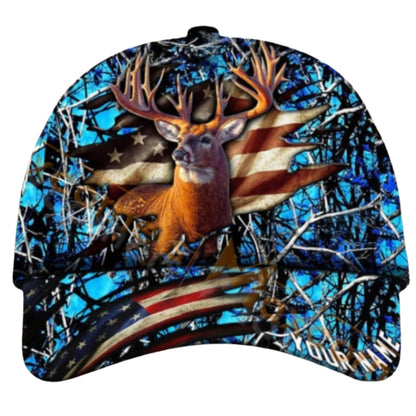 Custom Deer USA Flag Hunting Baseball Cap, Custom Patriot Deer Hunting Hat CP0434