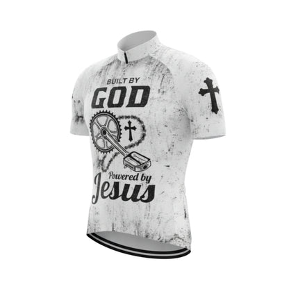 Built By God Powered By Jesus Men's White Black Cycling Short Sleeve Jersey, Christian Cycling Jerseys CG0534