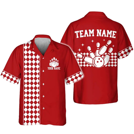 Custom Checkered Retro Bowling Red Hawaiian Shirt Men Women, Custom Retro Bowling Team Shirts BE0170