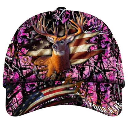 Custom Deer USA Flag Hunting Baseball Cap, Custom Patriot Deer Hunting Hat CP0434