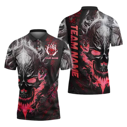 Custom Skull Red Flame Bowling Polo Shirt For Men, Custom Skull Bowling Team Shirts BE0177