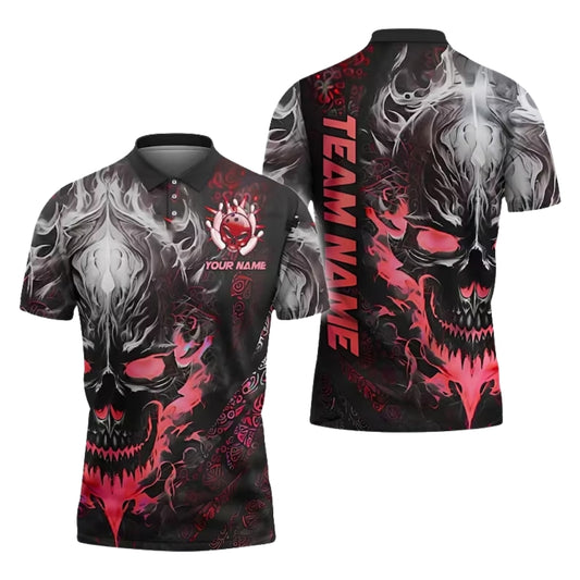 Custom Skull Red Flame Bowling Polo Shirt For Men, Custom Skull Bowling Team Shirts BE0177