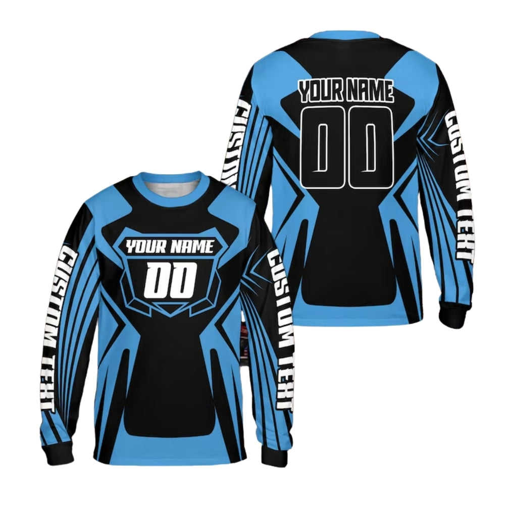 Black And Cyan Custom Motocross Bike Racing Long Sleeve Jersey With Number For Men, Custom Dirt Bike Shirts ME0014