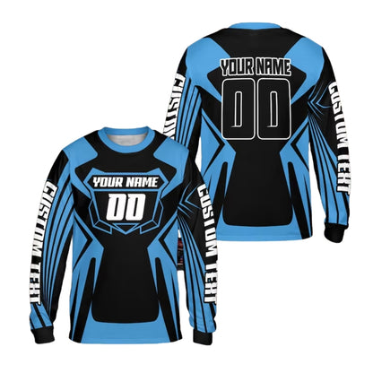 Black And Cyan Custom Motocross Bike Racing Long Sleeve Jersey With Number For Men, Custom Dirt Bike Shirts ME0014