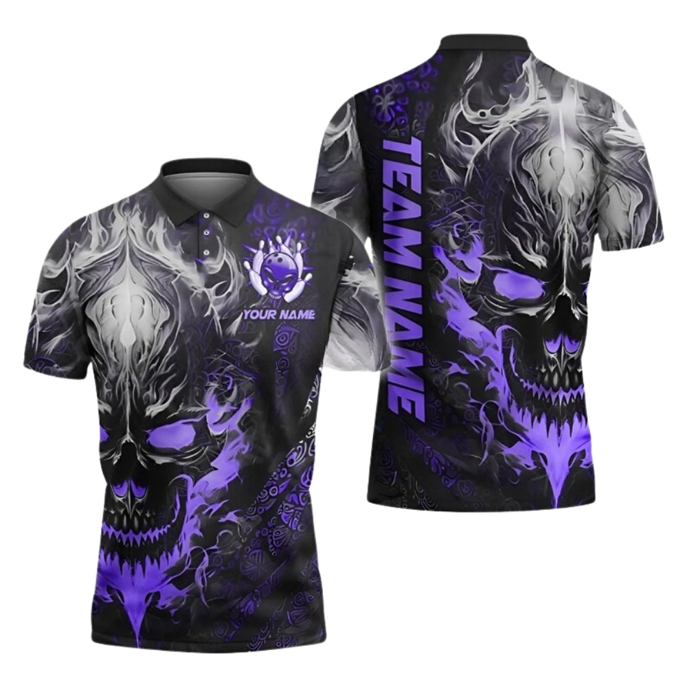 Custom Skull Red Flame Bowling Polo Shirt For Men, Custom Skull Bowling Team Shirts BE0177