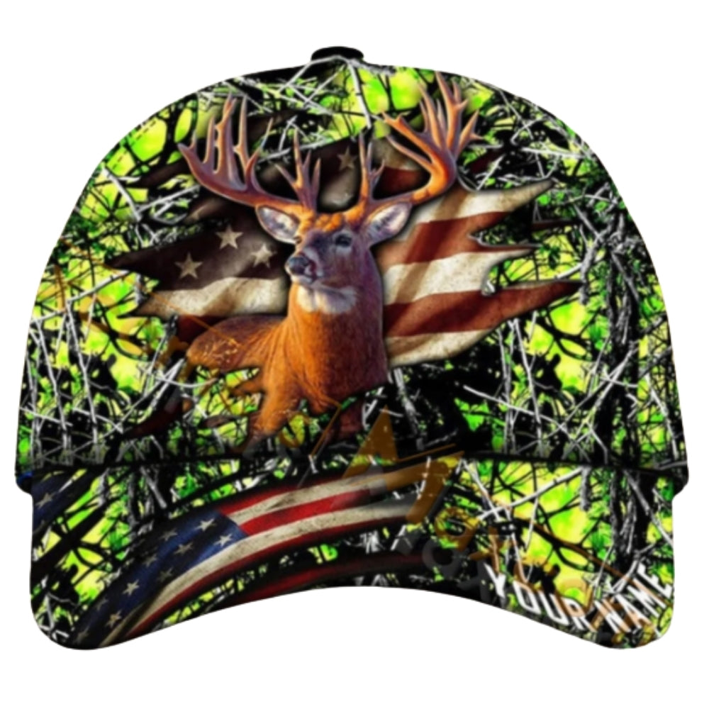 Custom Deer USA Flag Hunting Baseball Cap, Custom Patriot Deer Hunting Hat CP0434