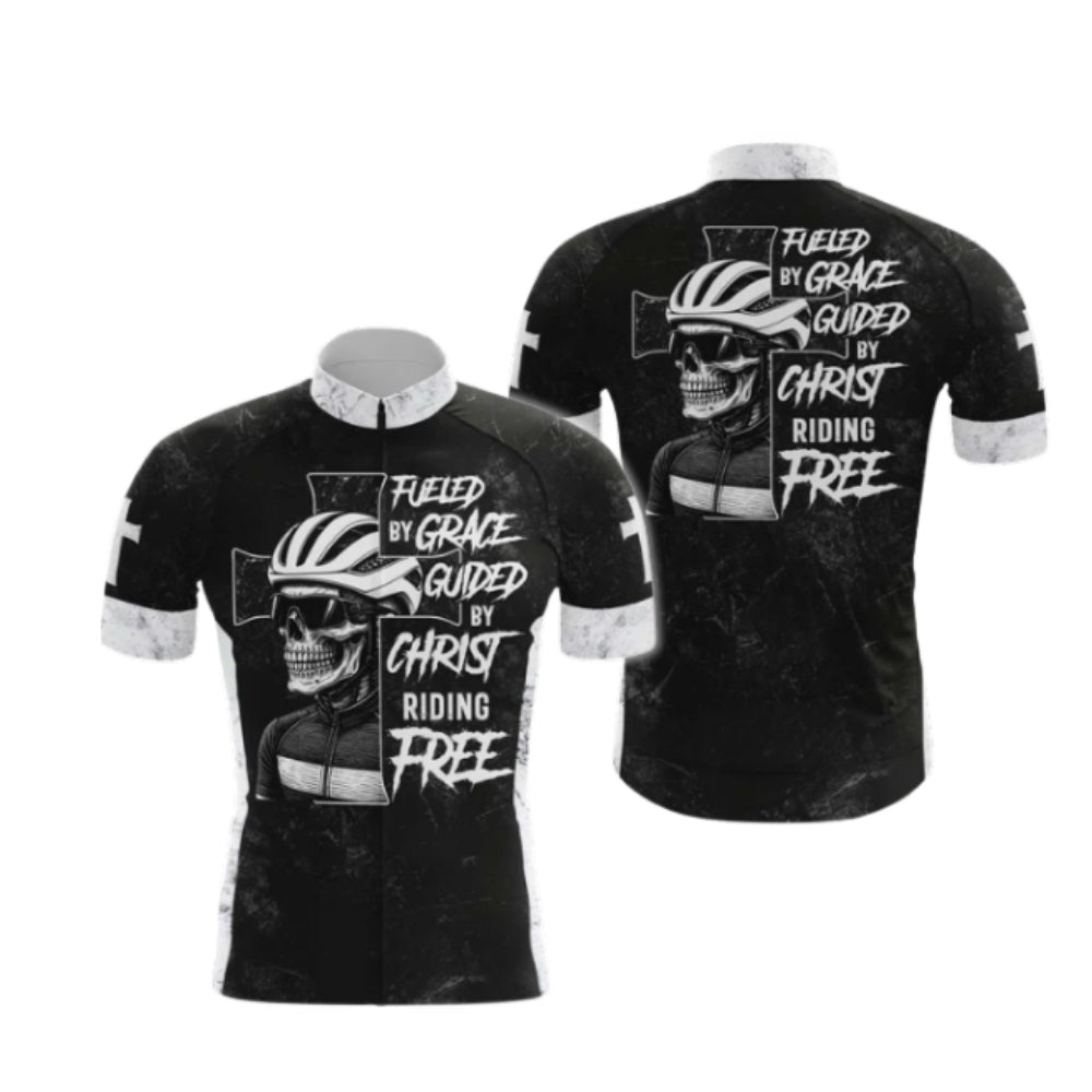 Flued By Grace Guid By Christ Riding Free Skull Cycling Short Sleeve Jersey For Men, Skull Christian Cycling Jersey CG0535