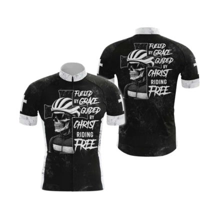 Flued By Grace Guid By Christ Riding Free Skull Cycling Short Sleeve Jersey For Men, Skull Christian Cycling Jersey CG0535