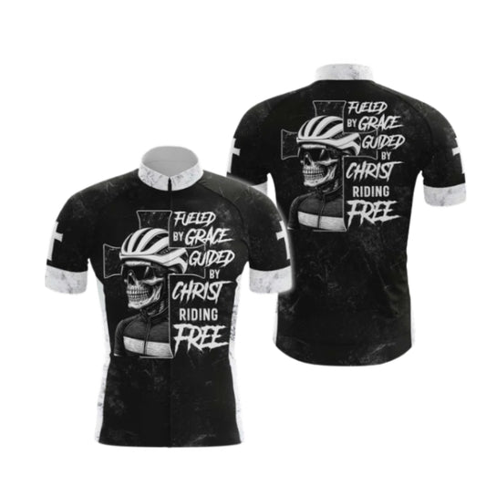 Flued By Grace Guid By Christ Riding Free Skull Cycling Short Sleeve Jersey For Men, Skull Christian Cycling Jersey CG0535