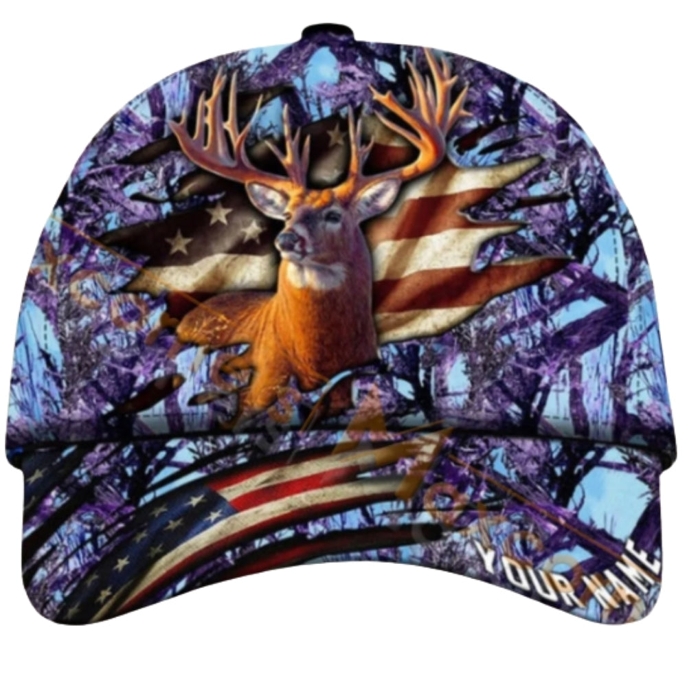 Custom Deer USA Flag Hunting Baseball Cap, Custom Patriot Deer Hunting Hat CP0434