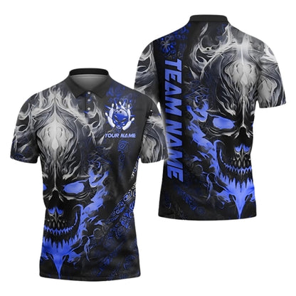 Custom Skull Red Flame Bowling Polo Shirt For Men, Custom Skull Bowling Team Shirts BE0177