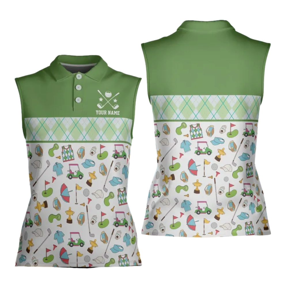 Custom Women's Argyle Green Golf Pattern Sleeveless Golf Shirt, Custom Golf Shirts For Ladies GE0372